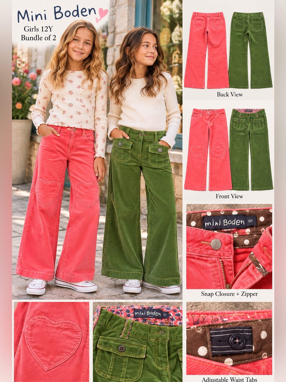 Mini Boden Girls 12Y Corduroy Pants Bundle 2 flare Leg Heart Pocket Pink Green